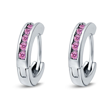 Eternity Huggie Hoop Earrings Channel Round Simulated Pink CZ 925 Sterling Silver